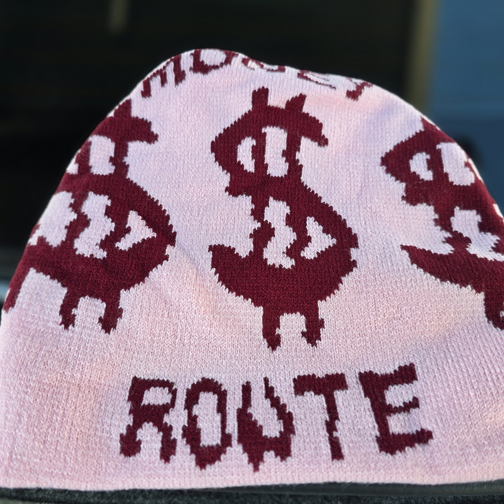 Pink and Red Knit Beanie with Dollar Sign Pattern